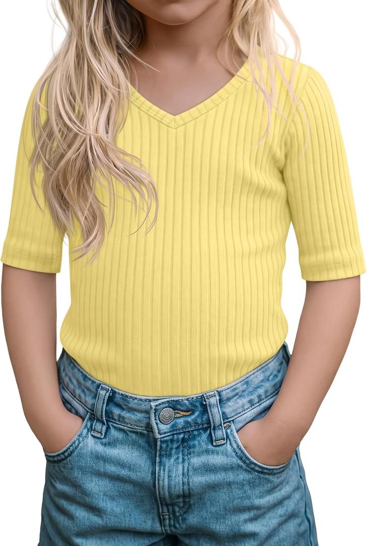 Toddler Girls Short Sleeve Shirt Cotton Ribbed Slim Fit V Neck Elbow Length Casual Soft Basic Top Kids Summer Tee
