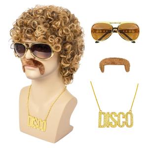 Disco Wig 5Pcs Set (Wig+ Glasses+ Necklace+ Mustache+ Wig Cap) 70'S Costumes Wig Afro Wig Men Short Curly Natural Fluffy Synthetic hair Wig for Halloween Disco Party (Blonde Mixed Brown)