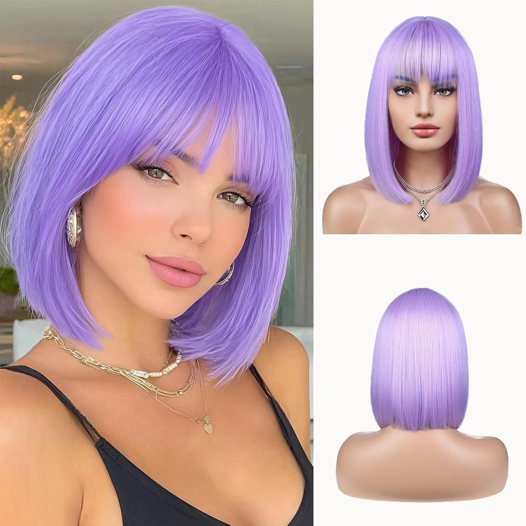 Purple Wig Short Bob Wig with Bangs Light Purple Wigs for Women Short Hair 12 Inches Synthetic Wig Lavender Colorful Wigs Straight Hair Replacement Wigs for Cosplay Daily Party Use