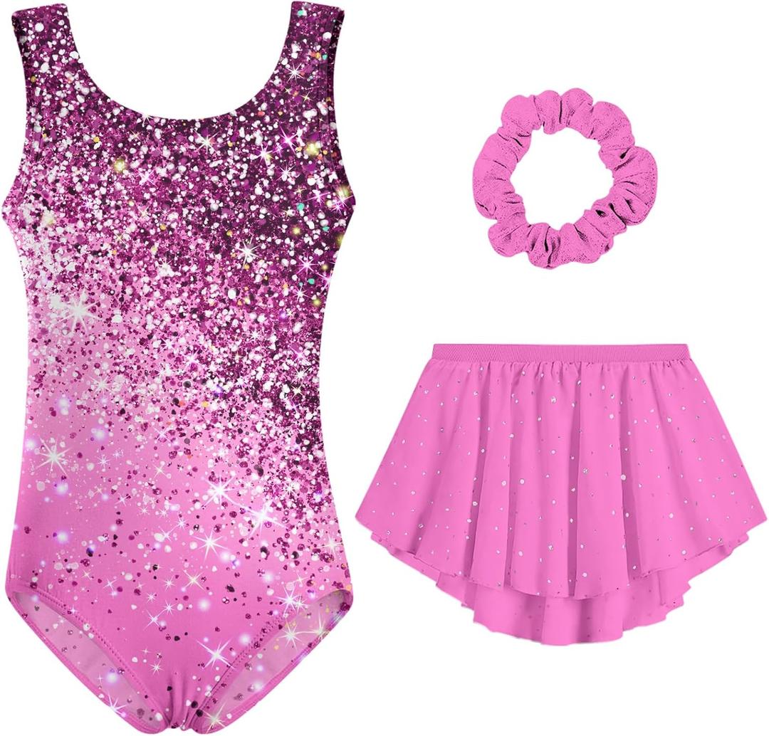 Idgreatim Girls Gymnastic Leotard Ballet Dance Dress Outfit with Removable Skirt Hair Scrunchie Combo 4-11 Years (7-8 Years, Diamond Pink)