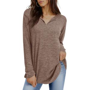 Tankaneo Womens Long Sleeve Tunic Tops V Neck Dressy Casual T-Shirts Loose Fit Curved Hem Blouse Tees Coffee, Small