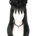 Topcosplay Long Black Wig and Bun with Necklace Halloween Costume Wig for Women or Girls