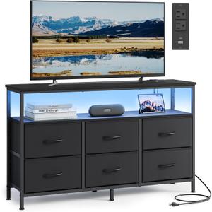 SONGMICS Dresser for Bedroom, Wide Dresser with 6 Drawers & Open Shelf, 11.8"D x 44.8"W x 26.8"H
