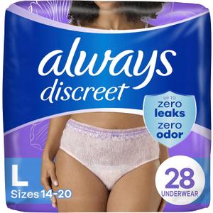 Always Discreet Adult Incontinence Underwear for Women and Postpartum Underwear, Large, Up to 100% Bladder Leak Protection, 28 Count