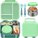 Bento Box for Kids with Soup Thermos(9oz) Kid Bento Lunch Box with Leak Proof Insulated Food Jar, Hot & Cold Lunch Container Set for School Girls Boys, 4-Compartments, Dishwasher Safe, Green