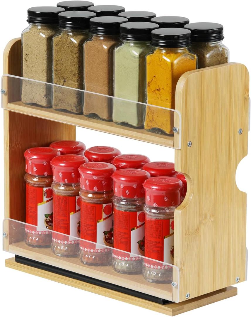 2 Tier Pull Out Spice Rack Organizer, Bamboo Sliding Spice Rack for Kitchen Cabinet, (4.4" W x 10.6" D x 10.4" H) Spice Storage, Pantry Organization