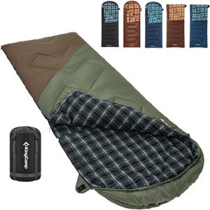 KingCamp Sleeping Bag for Adults, Cold Weather & Warm XL Big and Tall Flannel Sleeping Bags with Compression Sack Portable Waterproof Essentials Gear Accessories for Outdoor Camping (Left Zip, 90" x 35" | 8~45F BEANGREEN/BROWN)