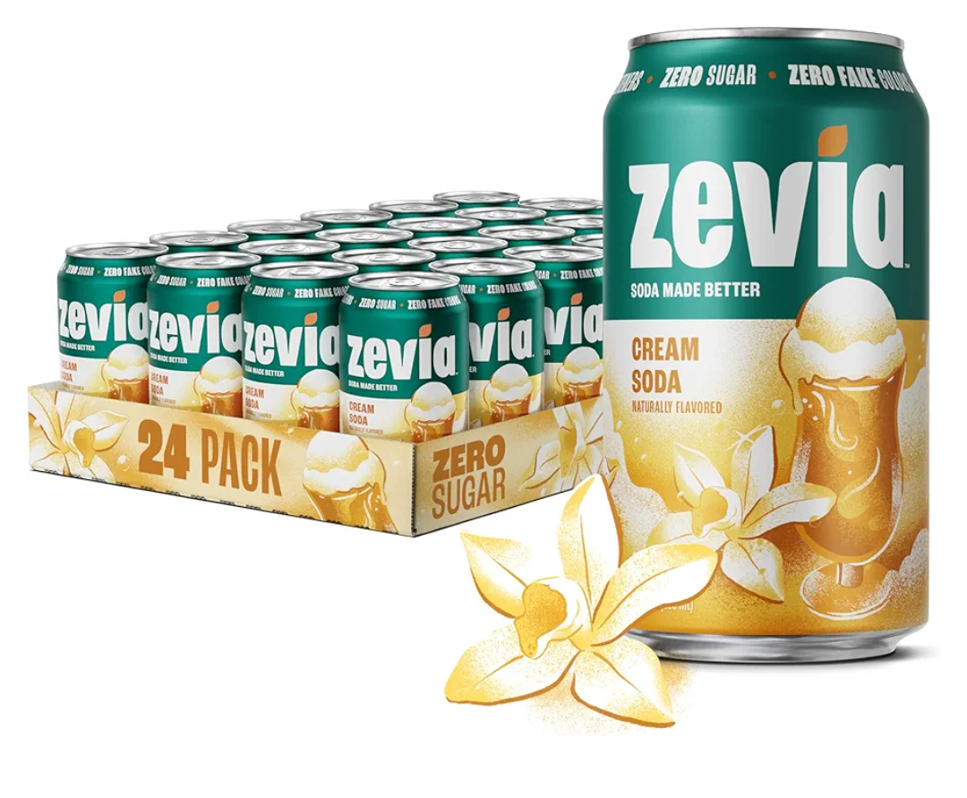 Zevia Zero Sugar Soda, Cream Soda, 12 oz Cans (24-Pack) – Naturally Sweetened, Non-GMO Project Verified, Gluten-Free, Vegan, BBD 06-05-2027