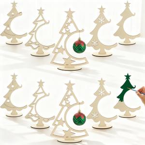 10 Pcs 10.7Inch Christmas Ornament Display Tree 5 Styles Wooden Stand for Baubles Christmas Tree Shaped Display Stand Holder Tabletop Decor for DIY Coloring Ornament Holder Holiday Party