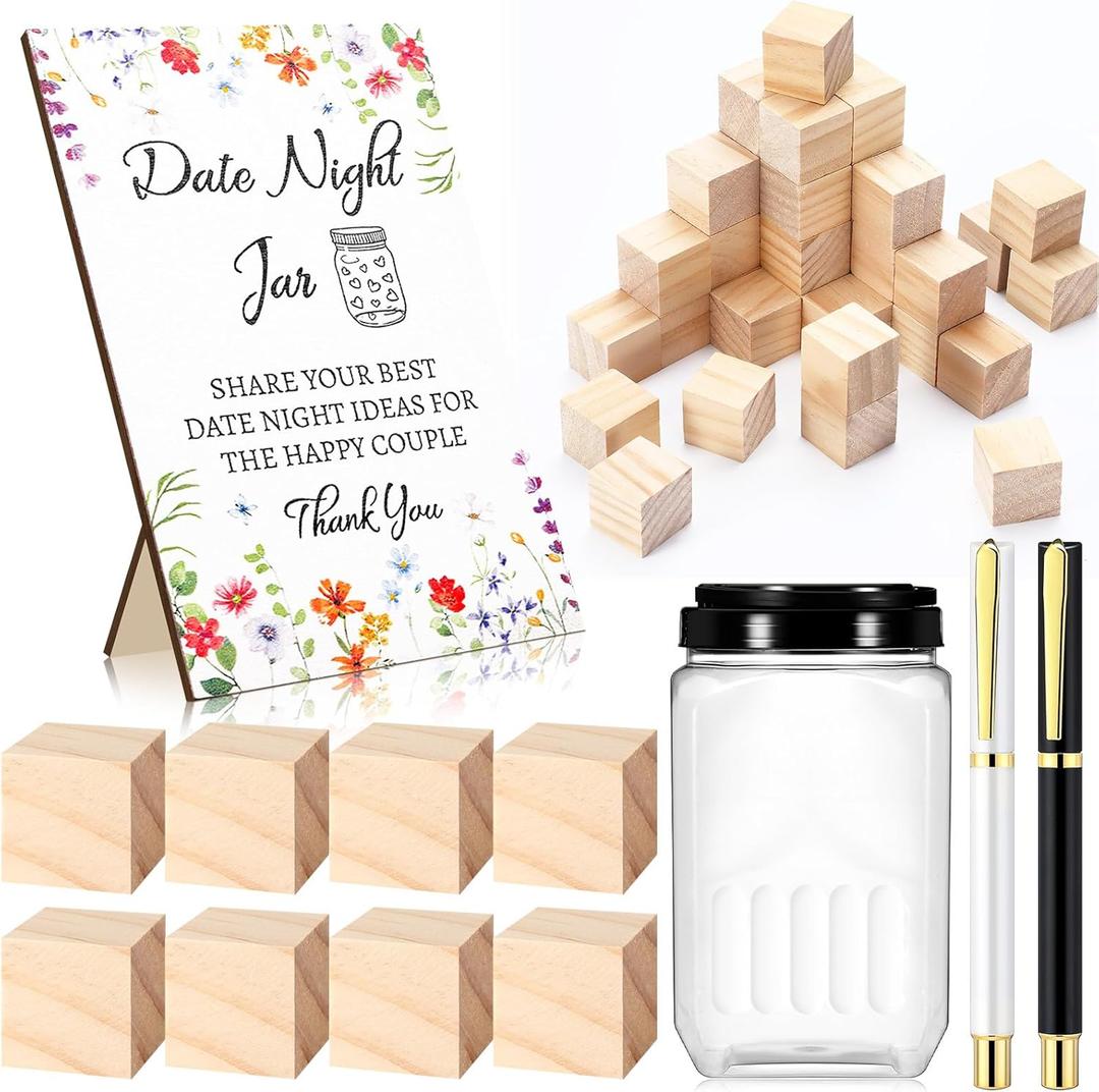 Bridal Shower Games Include 50 Wooden Block 1 Date Night Jar 1 Wooden Game Sign 2 Pens for Wedding Reception Games Gifts Date Idea Newlyweds Bridal Shower Party Favors(Wildflower)