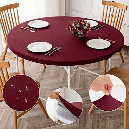 ManMengJi Fitted Round Table Cloth Burgundy, Anti-Tear Wipeable Elastic Tablecloth 2 PCS, Machine Washable Cover for Outdoor/Indoor Use, Fits Tables up to 32" - 36" Diameter