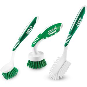 Libman Green & White Cleaning Brush Kit, 3-Piece Set, All-Purpose Brushes for Kitchen, Basins, Sinks, Dishwashers