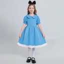 Girls Blue Dress White Apron Halloween Costume Princess Dress Up Costume with Headband and Stocking for 7-14 Years (9-10 Years)