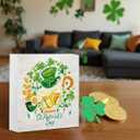 Happy St. Patricks Day Wooden Box Sign, Lucky Clover Green Top Hat, Beer Mug, Horseshoe, Green Home Office Irish Themed Party Decor, Home Desk Office Decor 5 x 5 Inches