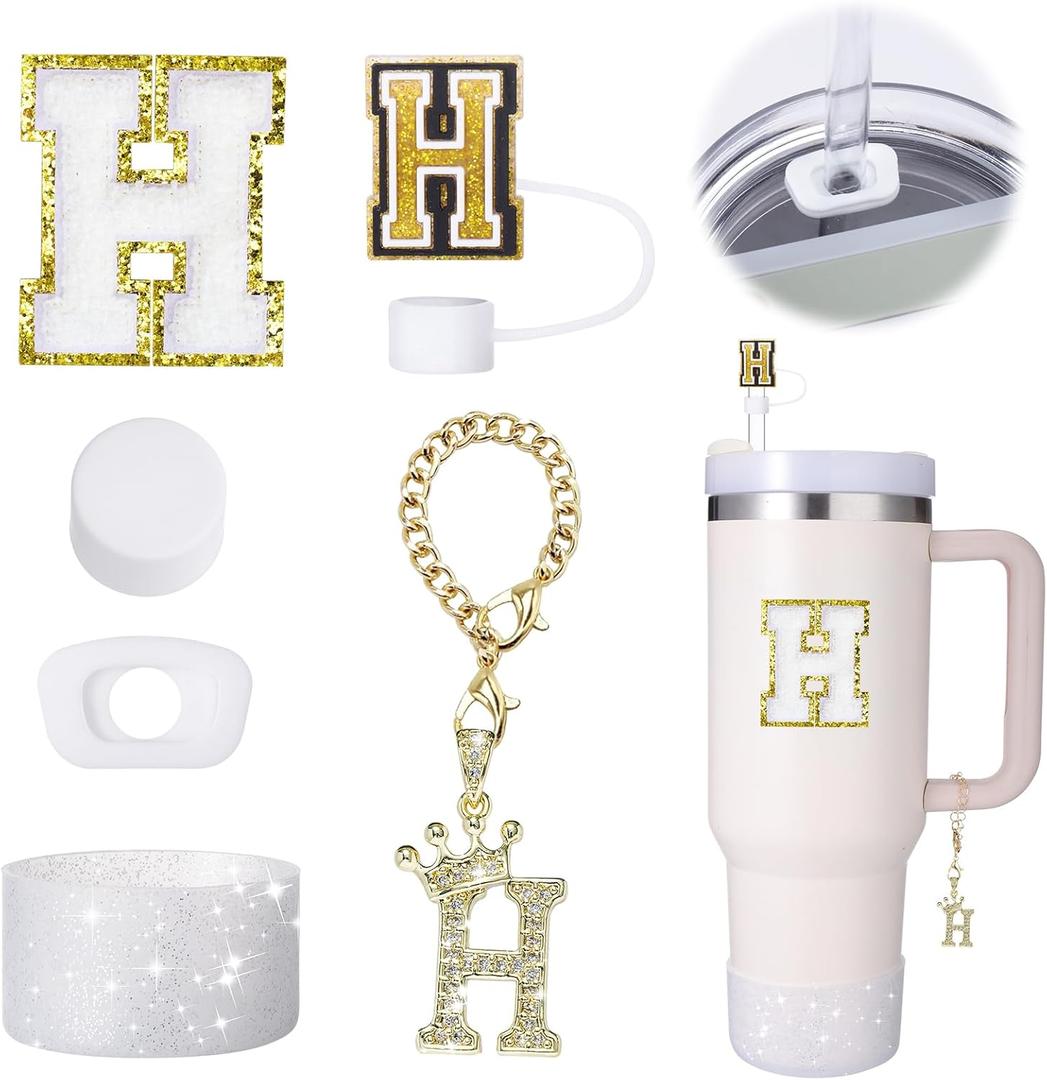 2 x Mighty Rain 6pc Cup Accessories Set for Stanley Cup 30 oz, 40 oz Tumbler with Handle, Including Straw Cover, Cap, Initial Charm, Silicone Boot, Round and Square Spill Proof Stoppers, Letter H