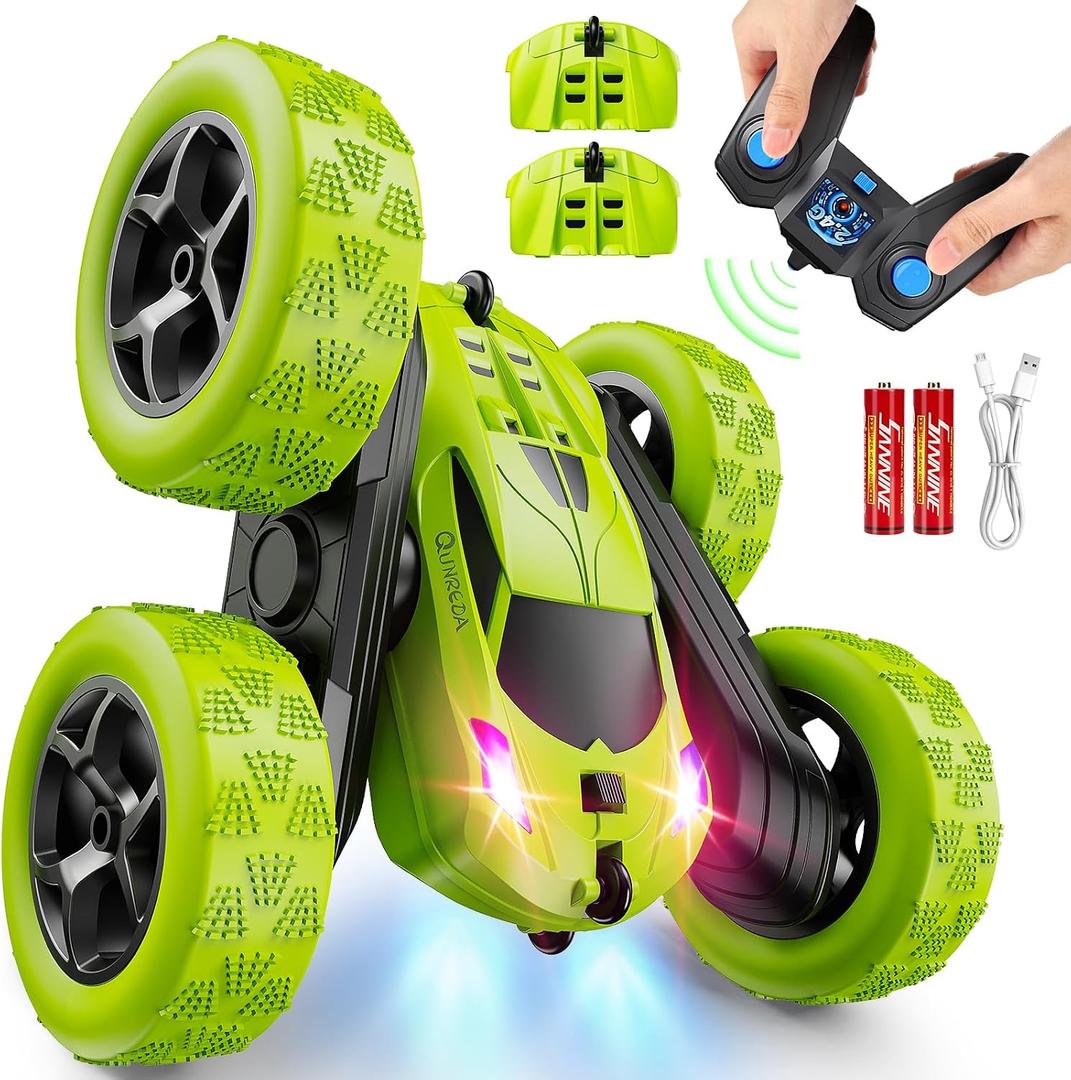 QUNREDA Remote Control Car for Kids Ages 6+, RC Cars Stunt Car Toy 4WD Double Sided 360 Rotating Remote Control with Headlights, Birthday Xmas Gifts for Boys 6 7 8 9 10 11 12 Green
