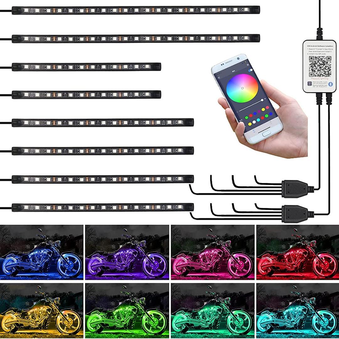 Kairiyard 8PCS Motorcycle Underglow LED Light Kit, App Control Multicolor Motorcycle LED Light Kit Music Sync RGB Strips Light Waterproof Compatible with Harley Davidson Honda Kawasaki Suzuki