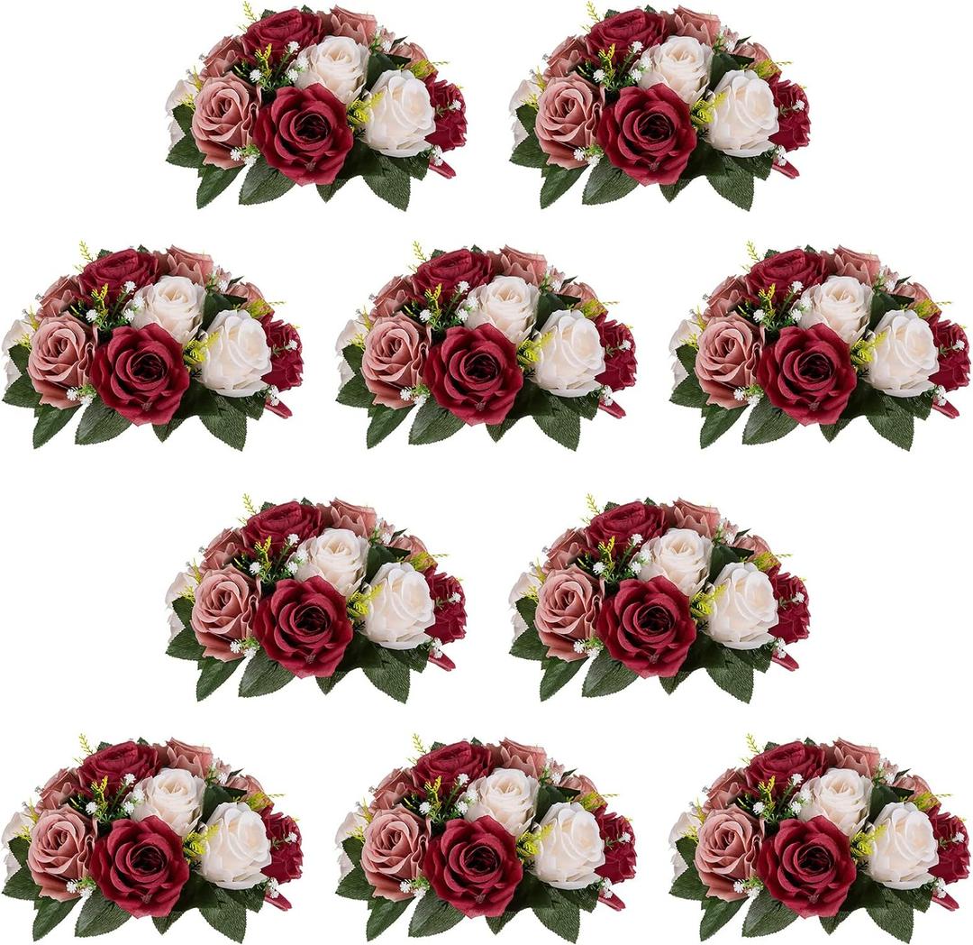 NUPTIO Artificial Flower Centrepieces for Tables - 10 Pcs Burgundy & Dusty Rose & Creamy White Fake Flowers Roses Balls 9.5in Diam - Silk Faux Rose Arrangement for Wedding Party Table Decor
