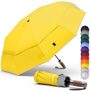 Royal Walk Windproof Folding Travel Umbrella Compact and Strong Luxurious Real Wood Handle Automatic Open Close Vented Double Canopy for Men and Women (Yellow)
