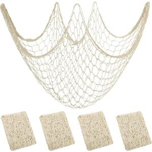Aodaer 4 Pieces Natural Fish Net Decorative Fish Netting Natural Cotton Beach Decorations for Mermaid Birthday Baby Shark Birthday Under the Sea Party Pirate Party Favor