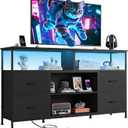 WLIVE TV Stand Dresser for 50,55,60 inch TV, Entertainment Center with LED Lights & Fabric Drawers, Dresser TV Stand for Bedroom and Living Room with Open Shelves, Black