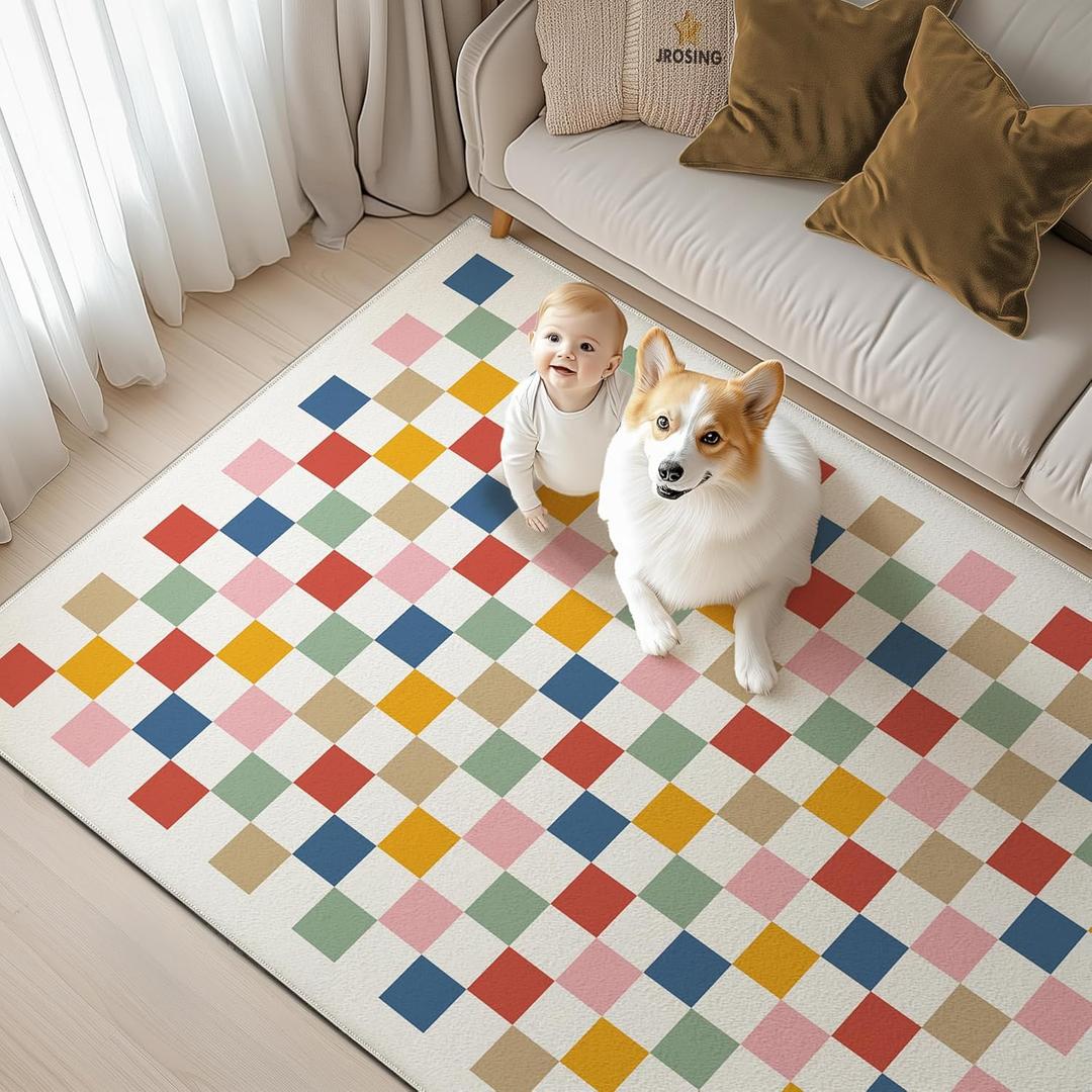 Washable Checkered Rug, 5x7 Colorful Rainbow Checkerboard Modern Foldable Large Area Rugs for Living Room, Low Pile Ultra-Thin Non-Slip Indoor Doormat Carpet for Office Bedroom Playroom Classroom Dorm