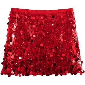 Women's Sequin Skirt Sparkly Mini Bodycon Low Waisted Glitter Dance Party Outfits Sexy Club Short Skirt (Medium, Red)