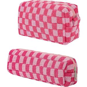 Checkered Makeup Bag,Travel Makeup Bag Toiletry Bag Cute Makeup Brushes Bag Cosmetic Bags for Women Zipper Preppy Makeup Bags for Purse Large Travel Cosmetic Bag (Girls Pink)
