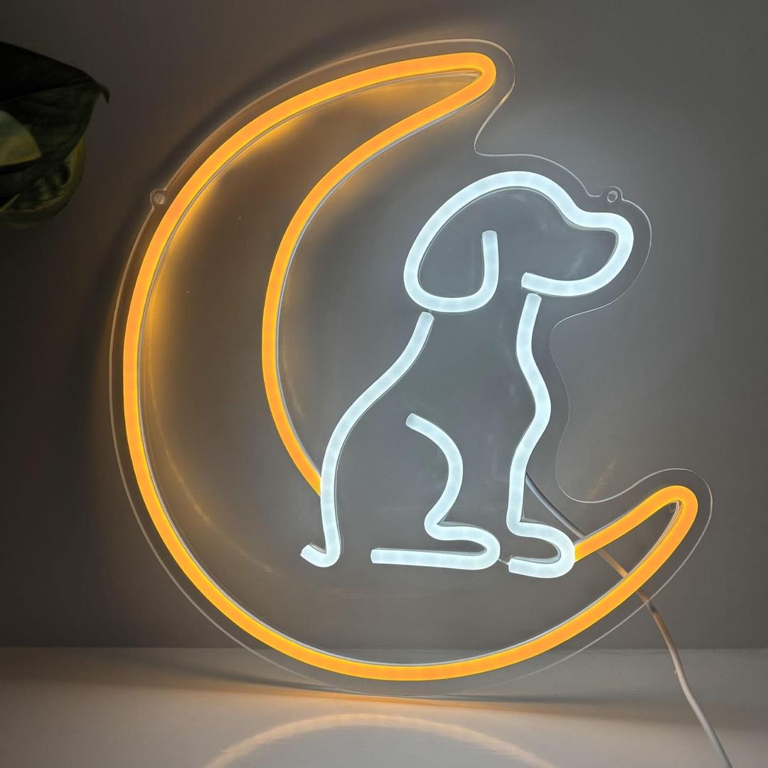 Dog Neon Signs, LED Neon Sign for Wall Decor, Animal 3D Wall Art, Moon Neon Sign, Cool Puppy Neon Light Signs for Bedroom, Living Room, Loss of Dog Memorial Gifts
