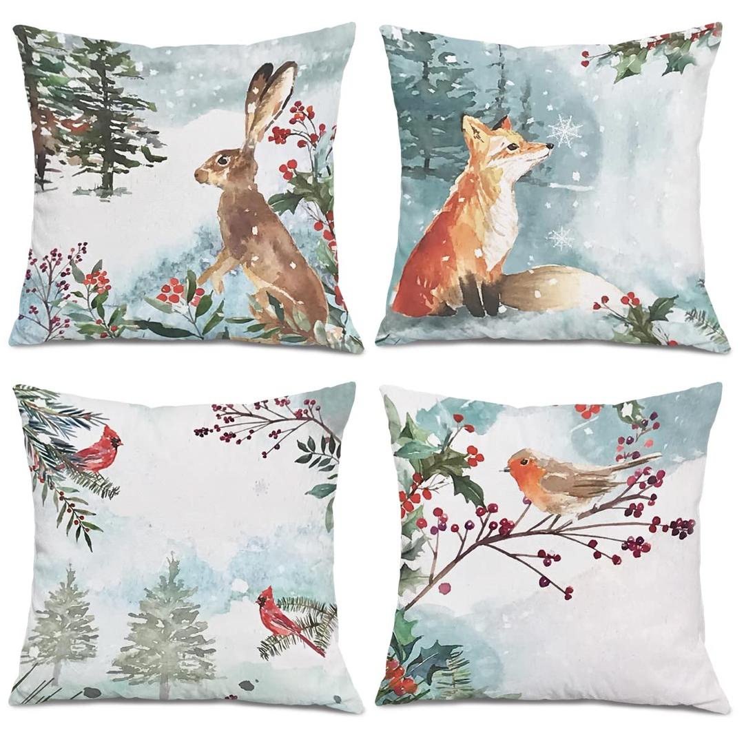 Watercolor Snowy Winter Woodland Animals Decorative Throw Pillow Covers for Holiday, Home Sofa Bed Couch Farmhouse Holiday Decor 18x18 Inch Set of 4