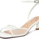 ISNOM Womens Mesh Kitten Heels Sandals Square Toe Ankle Buckle Strap Low Heels Comfort Summer Dress Shoes (Size 8.5)