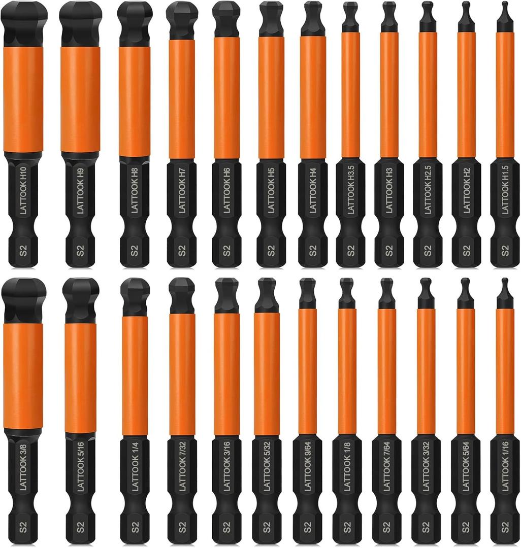 Ball End Hex Head Allen Wrench Drill Bit Set, 24PCS 2.5 Inch Metric & SAE Sizes Ball End Hex Bit Set Allen Key Set Hex Key Set, Magnetic Tipped, S2 Steel