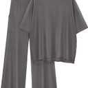 KIRUNDO Womens 2 Piece Outfits 2025 Summer Casual Loose Short Sleeve Pullover Tops & Wide Leg Pants Lounge Sets Tracksuit (Medium, Dark Grey)