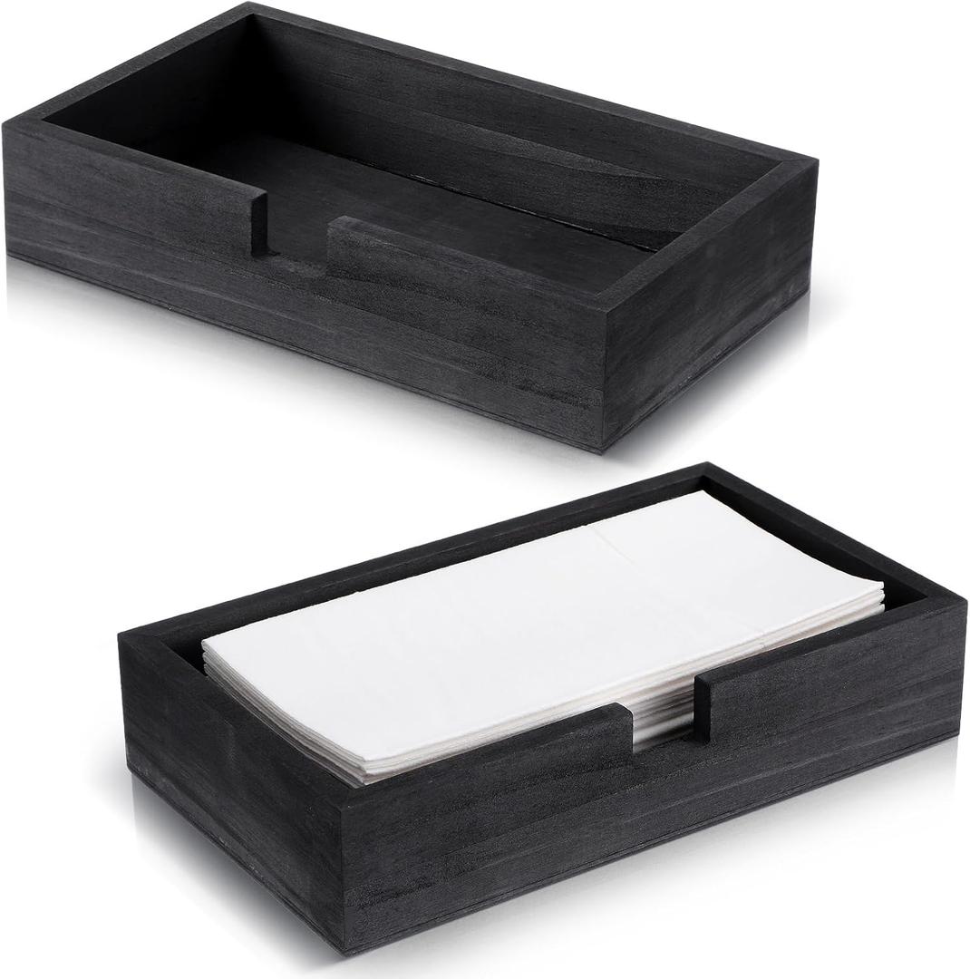 Kifmurase 2 Pack Black Wood Napkin Holder Guest Towel Holder Tray for Bathroom, Flat Paper Napkins Basket Tray for Table, Cocktail Napkin Holder for Home Hotel Countertop Kitchen Desk