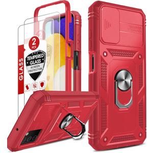 LeYi Compatible for Samsung A03s Case: Galaxy A03s Phone Case with Slide Camera Cover + [2PCS] Tempered Glass Screen Protector, Full Body Military-Grade Phone Case with Kickstand for Galaxy A03s, Red