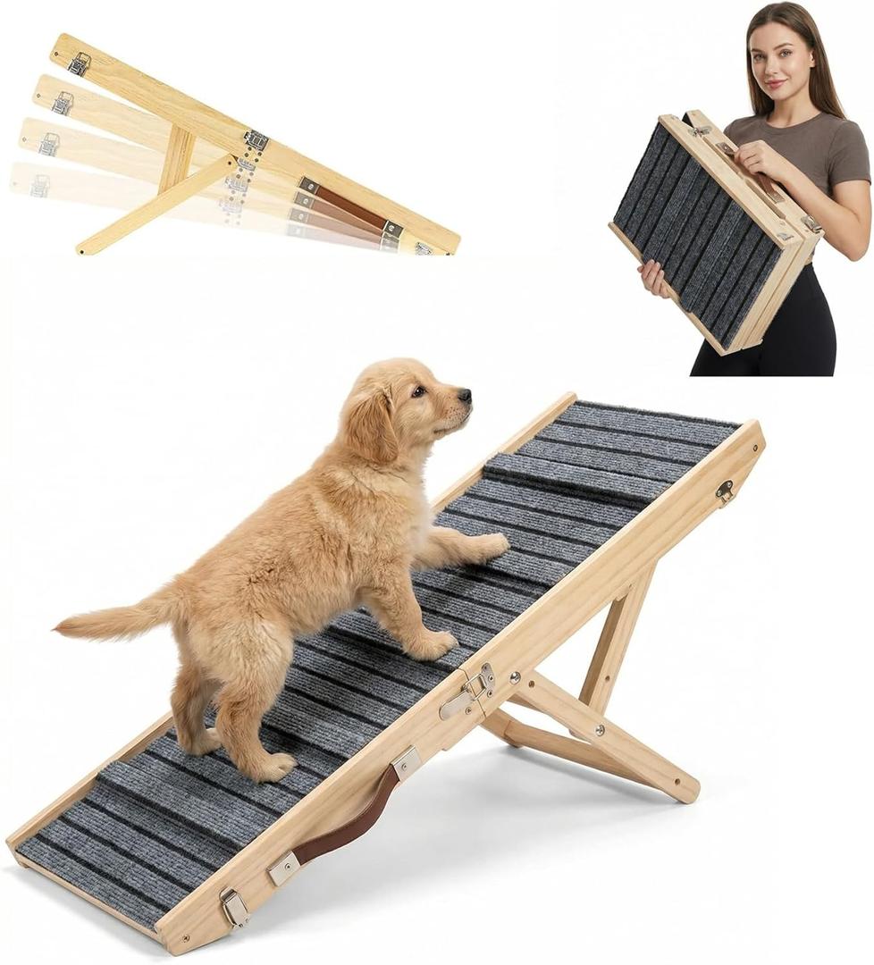 Dog Ramp for Sofa, Couch Foldable Wooden Pet Ramp with 4 Adjustable Heights, Anti-Slip Surface & Safety Support for Small Dogs, Senior Pets with Joint Pain Portable Pet Steps Stairs (S)