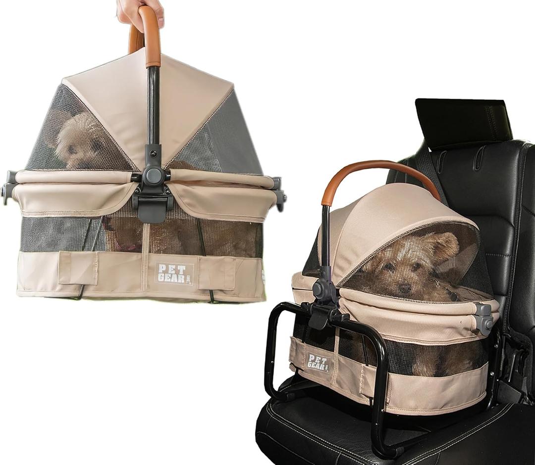 Pet Gear No-Zip View 360 Ultra Lite Pet Safety Carrier & Car Seat for Small Dogs & Cats Push Button Entry, 15", Wheat