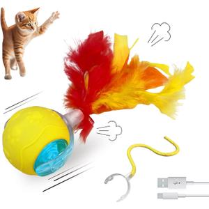 Automatic Cat Toy with Feather Tail  Interactive Moving Ball for Indoor Cats, Rechargeable Battery, Self-Play Boredom Buster for Kitten & Adult Cat, Yellow