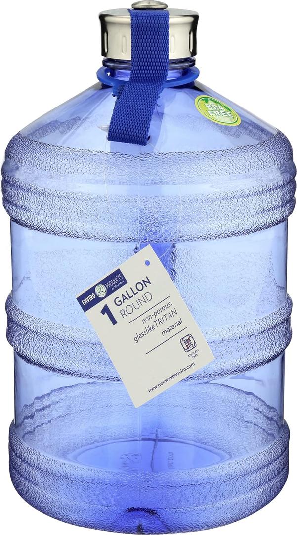 New Wave Enviro Iconic 1 Gallon Round BPA Free Water Bottle with Stainless Steel Cap and Integrated Handle, Ideal for Gym and Outdoor Life, Blue (128 Ounces), Set Of 2