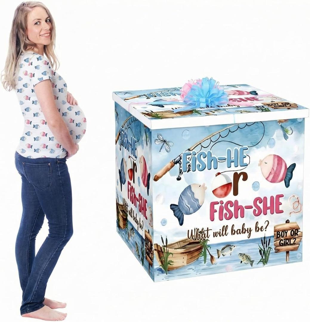AmazingSpark 28in Giant Gender Reveal Gift Box with Lid Kit Oversized Gender Reveal Balloon Box Large Pull Bows for Baby Shower Birthday Party Decor(Fishing), 1 count