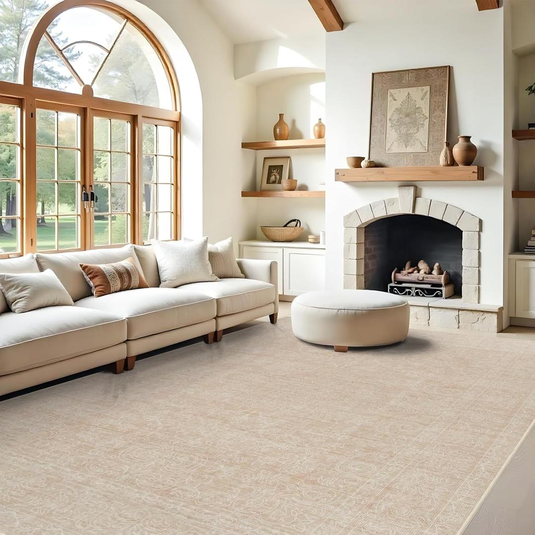 RUUGME 9x12 Washable Area Rugs - Large Boho Rugs for Living Room Stain Resistant Carpet Vintage Tribal Rugs for Bedroom Kitchen with Non Slip Backing Decor Floor Decoration Mat 9x12 Beige Yellow