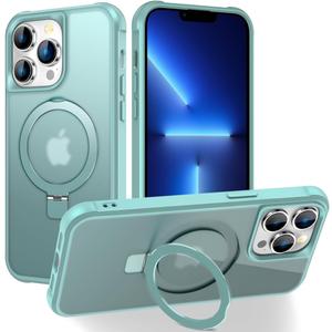 Magnetic Compatible with iPhone 13 Pro Max Case with Stand [Military Grade Drop Tested][Compatible with Magnet] Ring Translucent Slim Hard Back Soft Edge, Teal Green