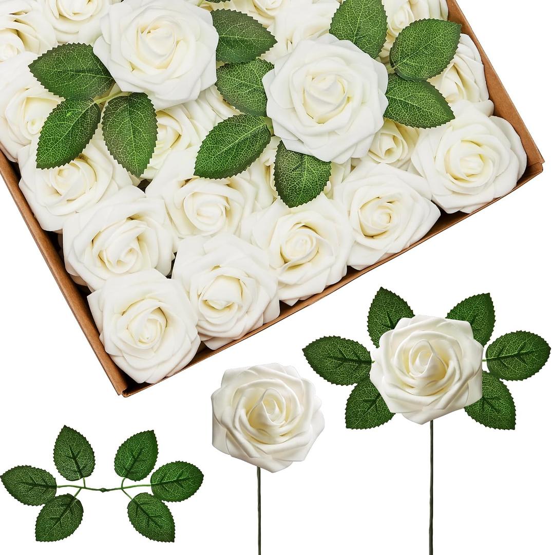 InnoGear Artificial Flowers, 50 Pcs Ivory White Foam Fake Roses Bulk with Stems for Mother's Gift Decoration DIY Wedding Bouquets Centerpieces Bridal Shower Party Christmas Tree
