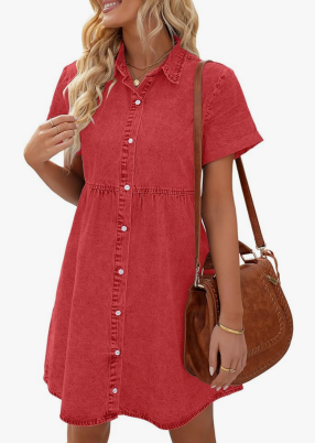 LookbookStore Women's Short Sleeve Button Down Flowy Tiered Babydoll Denim Dress Large