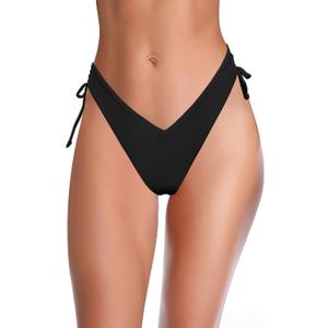 SHEKINI Women's Bikini Bottom V Cheeky High Cut Thong Tie Side Swimsuit Bottom Brazilian Swim Bottom (Black, M)
