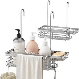 Hanging Shower Caddy, 304 Stainless Steel Shower Organizer with Towel Bar & Hooks, Over Shower Rod, Towel Bar or Glass Panel Storage Basket with Soap Holder, Rustproof Bathroom Caddy, 2 Pack