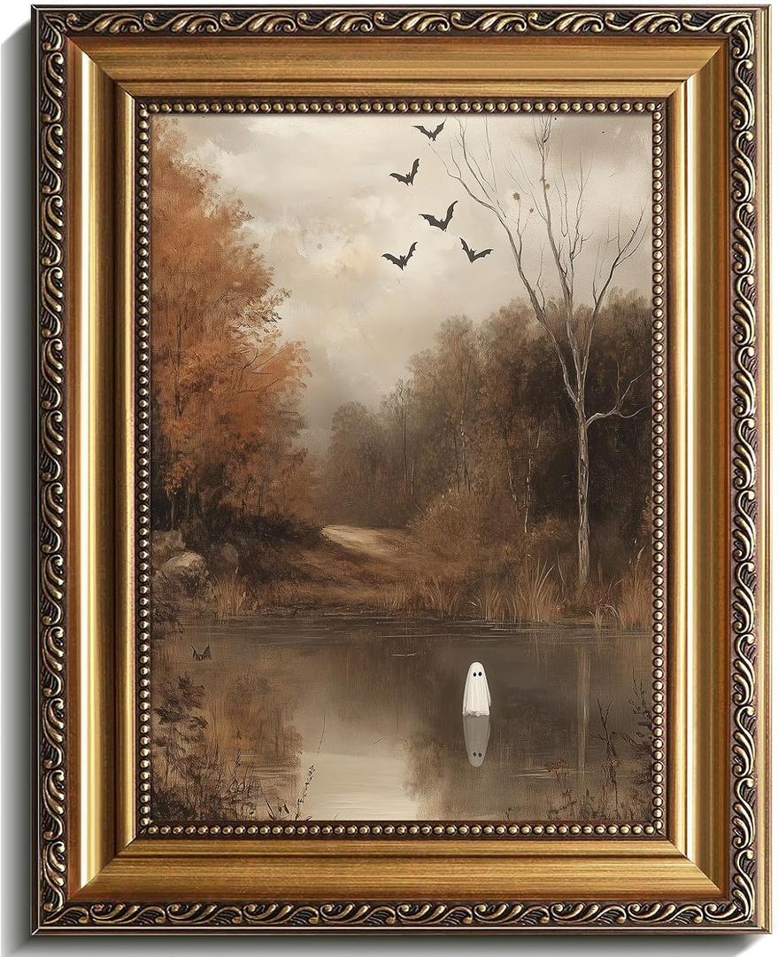 Vintage Gold Framed Halloween Wall Art Cute Ghost in Wildflower Lake Canvas Painting Moody Ghost Posters Pictures Spooky Fall Decor for Living Room Bedroom Bathroom, Gothic Home Aesthetic 9x12