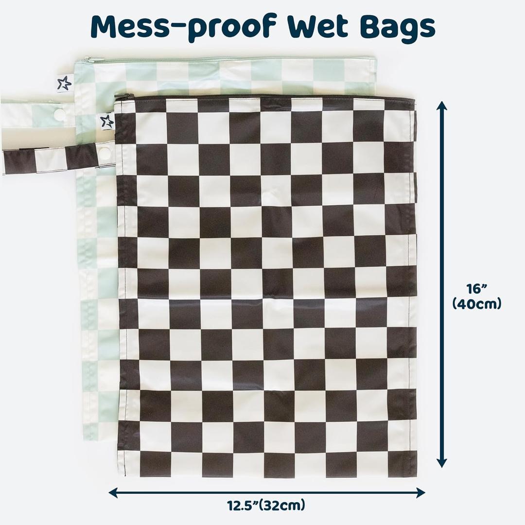 Tiny Twinkle Mess-Proof Waterproof Wet Dry Bag | 1-Pack Reusable Wet Bags for Swimsuits & Baby Clothes | Leakproof Wet Bag for Travel & Diaper Changes for Baby (Black Checkers)