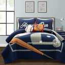 Lush Decor Baseball Game Reversible Quilt Queen Size 5 Piece Set Full/Queen Navy & Gray - Kids Bedding Set Full Quilt - Sports Decor - Baseball Bedding