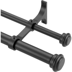 Double Curtain Rods for Windows 36 to 72 Inch, Matte Black Double Curtain Rods with End Cap Finials, 1-Inch Front and 5/8 Inch Back Double Drapery Rod, Adjustable Double Rod Curtain Rod